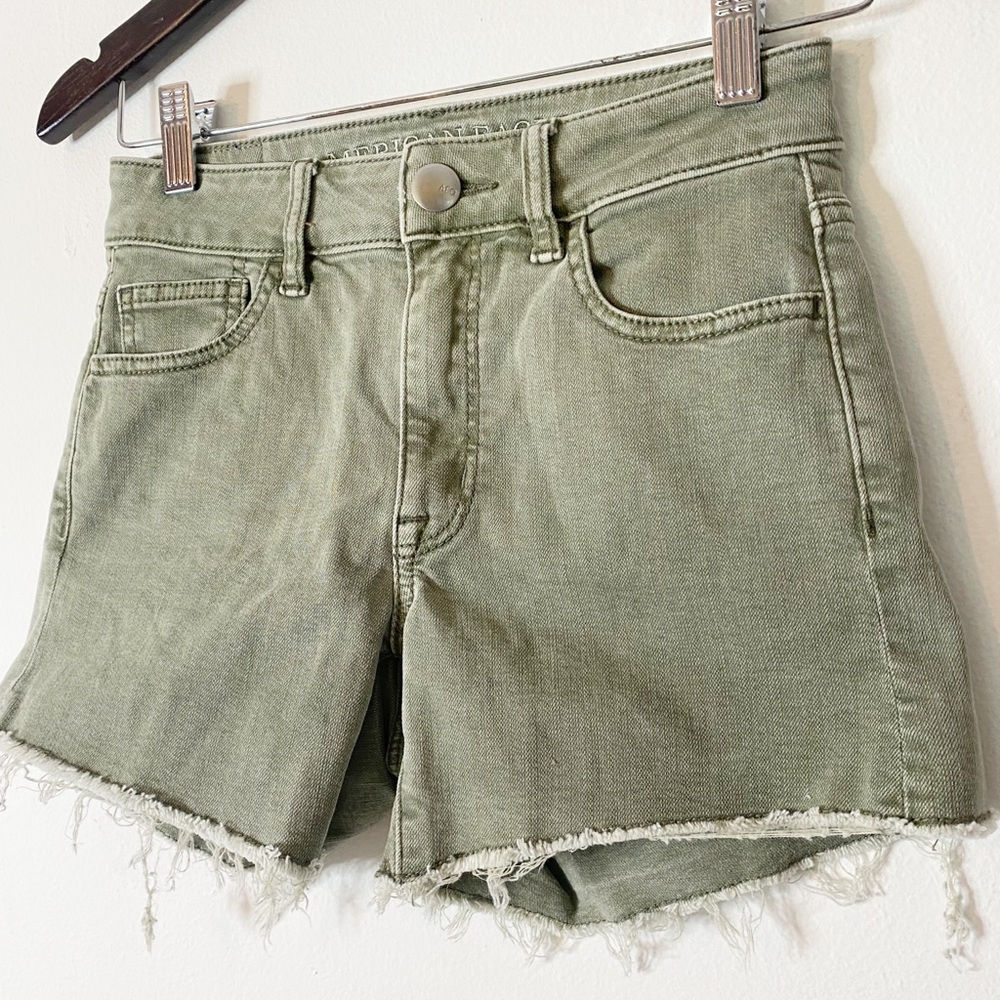 American Eagle High Rise Shortie Denim Shorts Olive Size 00 - Picture 2 of 4